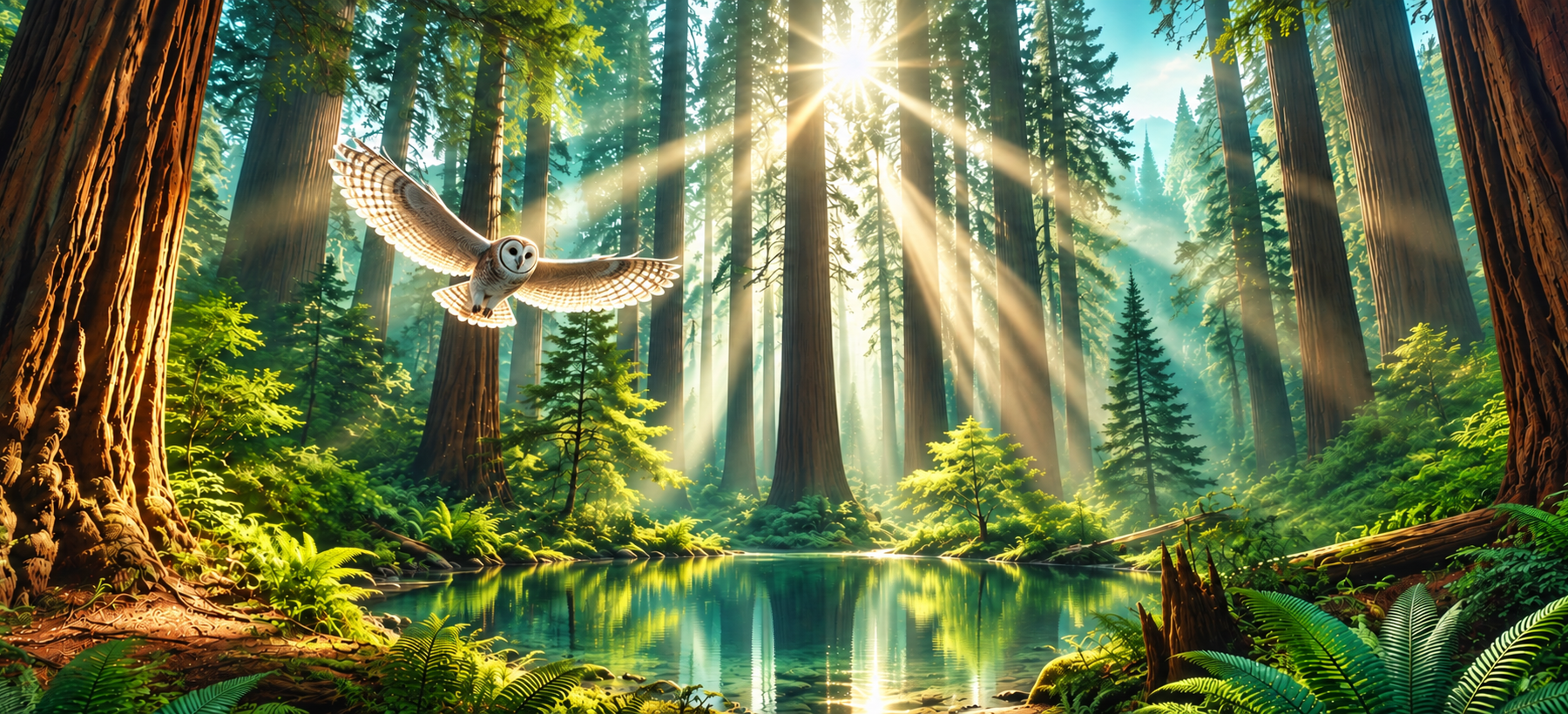 Sunlit Owl Over a Redwood Pool